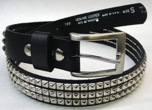 Premium Black Studded Leather Belt Italian Buckle 1-1/4" 32mm 3 Row 1/4" pyramid - Picture 1 of 6