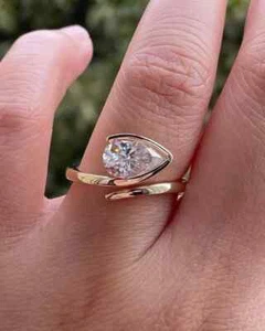 Unique 2ct Lab Grown Diamond Solitaire Pear Cut Engagement Ring 14K Yellow Gold - Picture 1 of 14
