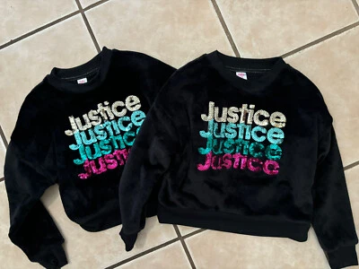 NWOT Set Of Two Girls Black Velour Sequined “Justice” Sweaters Size XS 5/6 - Image 1 of 2