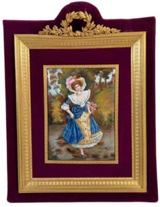 HUGE 15" French Limoges Painted Lady Enamel Painting Portrait Gilt Ormolu Frame
