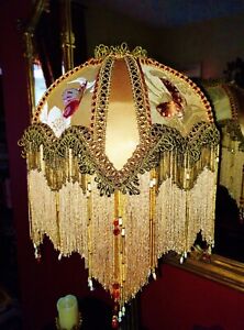 MANDALAY VICTORIAN BEADED LAMPSHADE.EMBROIDERED  SILK BUTTERFLIES,CREAM GOLD 12"