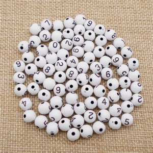 100pcs 8x8mm Acrylic White Round Beads Arabic Number Design Beads Hole 2mm - Picture 1 of 7