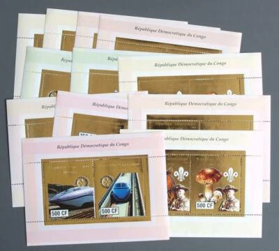CONGO 2003, MNH** GOLD Sheets, Mushrooms, Railway, Lighthouse Chess Boy Scouts - Image 1 of 4