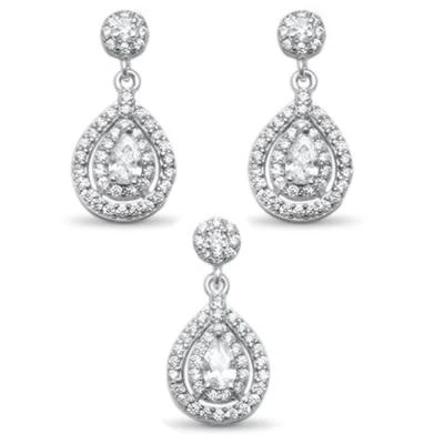 Halo Pear Teardrop Solitaire .925 Sterling Silver Earring and Pendant Set - Image 1 of 2