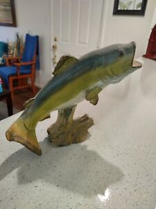 11" Wood Carved Trout Figurine Rustic Fishing Lodge Log Cabin Home Decor Stands