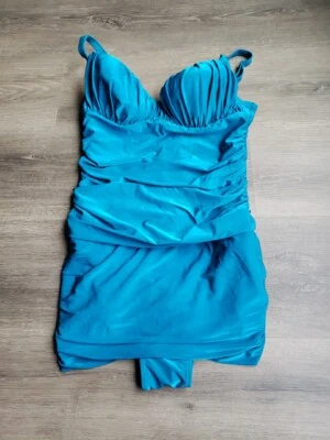Profile By Gottex Blue Ruched One Piece Swimsuit Swimdress Sz 6 Padded Cups - Image 1 of 4