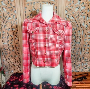 Vintage 1960s Act I Orange Plaid Collar Puff Sleeve Cropped Blazer - Picture 1 of 7