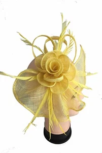 Gelb Sinamy Blume Feder Fascinator Stirnband Clip Hochzeit Royal Ascot Rennen - Bild 1 von 1