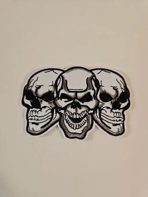 TRIPLE SKULL EMBROIDERED PATCH / IRON ON APPLIQUE BIKER EMBROIDERY - Image 1 of 4