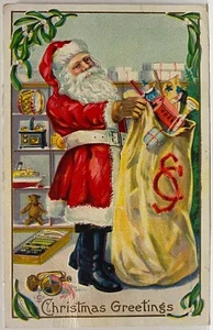 Santa Claus in Workshop Fills Giant Sack With Toys ~ Antique Christmas Postcard - Picture 1 of 2