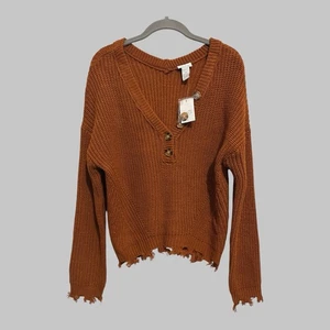 Rue 21 Y2K Grunge Boho Autumn Burnt Orange Brown Chunky Knit Cardigan Sweater M - Picture 1 of 9