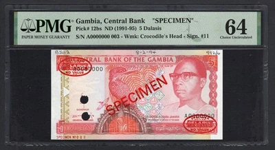 Gambia 5 Dalasis ND(1991-95) P12bs "Specimen N.003" Uncirculated Grade 64 - Image 1 of 2