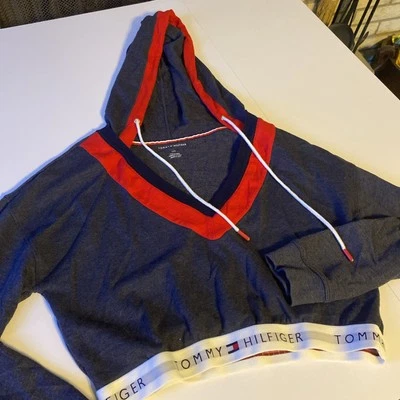 Tommy Hilfiger 连帽衫女式 L 蓝色裁剪上衣套衫运动衫带状底部 — 第 1/4 张图片