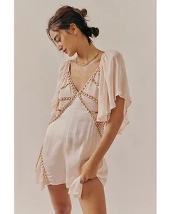 Free People NWT Jen's Pirate Booty Women Natural Saffron Romper Sz L Embellished - Picture 1 of 9