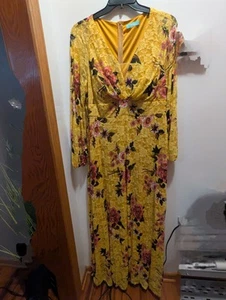 Toleen Women's 3XL Yellow Floral Lined Lace Long Sleeve Long Elegant Vneck Dress - Picture 1 of 13