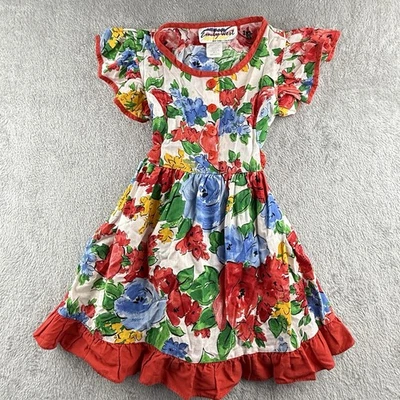 Emily West Dress Girls 5 Multicolor Floral Festive S/S Buttons Ruffles USA VTG - Image 1 of 4