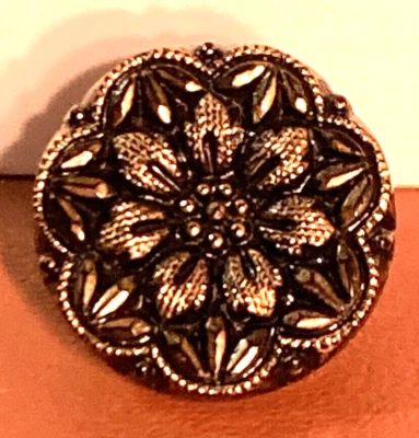 Vintage Black Glass Button Flower Shape Bronzefoil Accent Self Shank 1/2" - Image 1 of 4