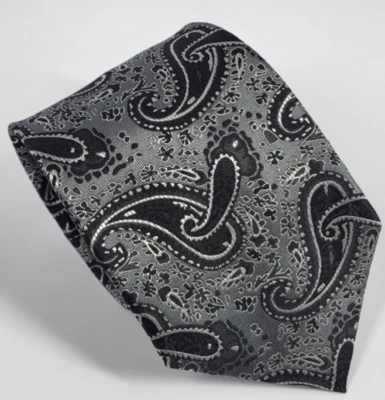 Venturi Uomo Polyester Tie Gray Black Silver Paisley Men Necktie 58 x 3.25 - Image 1 of 4