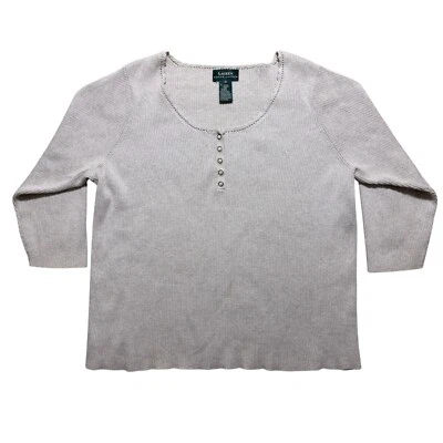 Lauren Ralph Lauren Sweater Women's 1X Beige Ribbed Knit Lace-Trim Snap Henley - Image 1 of 4