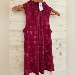 BANANA REPUBLIC Burgundy and White Patterned Ruffled Neckline Sleeveless Blouse - Picture 1 of 8
