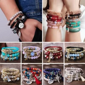 Boho Multilayer Natural Stone Crystal Bracelet Beaded Bangle Women Jewelry Gifts - Picture 1 of 55