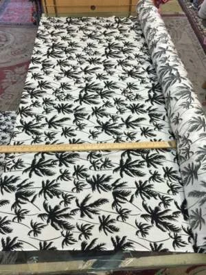 Rayon Challis Off white background w Black palm trees. Fabric by Yard Tropical - Image 1 of 4