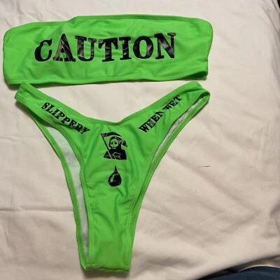 01049-5 Bikini Gótico Calavera Precaución Mujer Talla M Cintura Alta Parte Inferior Bandeau Top Foto 1 de 4