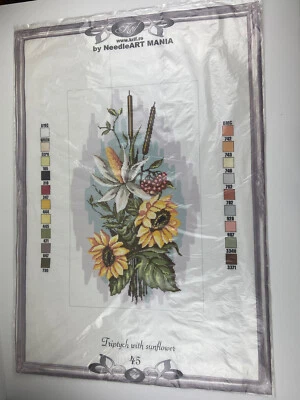 Krif Triptych With Sunflower Needlepoint Canvas Needleart Mania 13” By 21” - Image 1 of 4