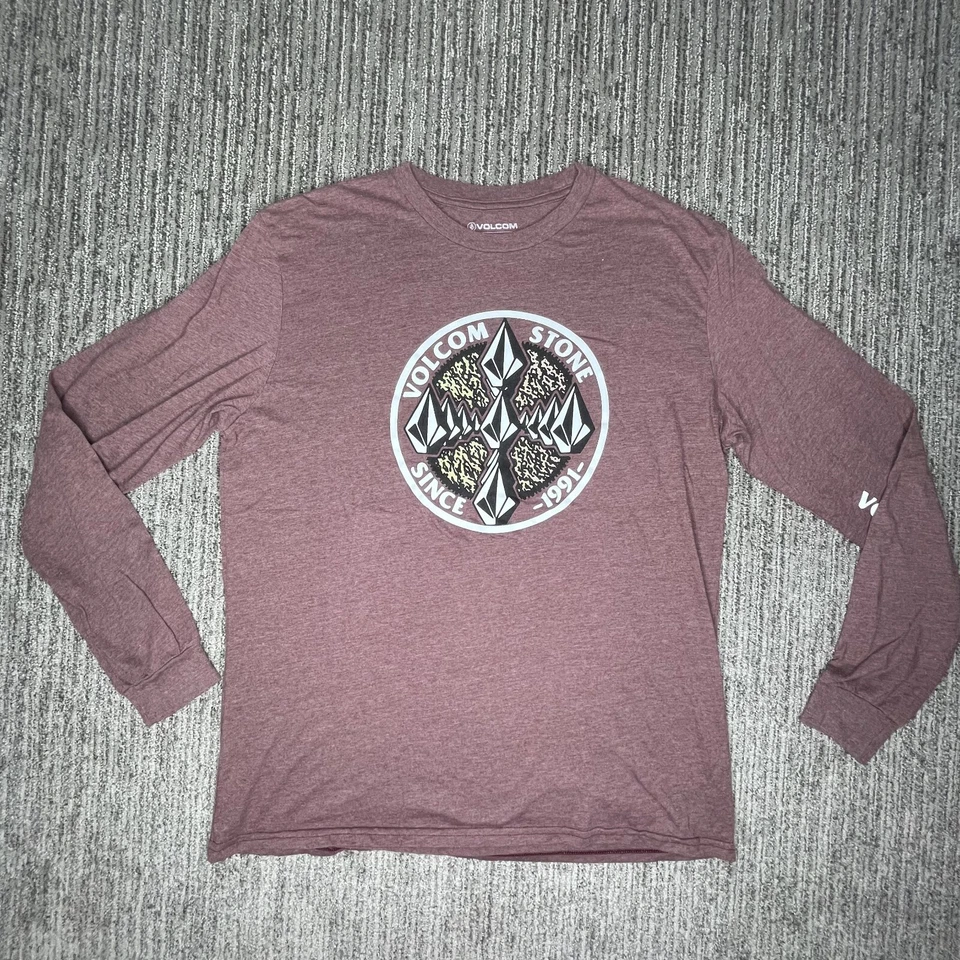 Volcom Size L Mens Shirt Long Sleeve Stone 1991 Crew Neck Burgundy - Image 1 of 4
