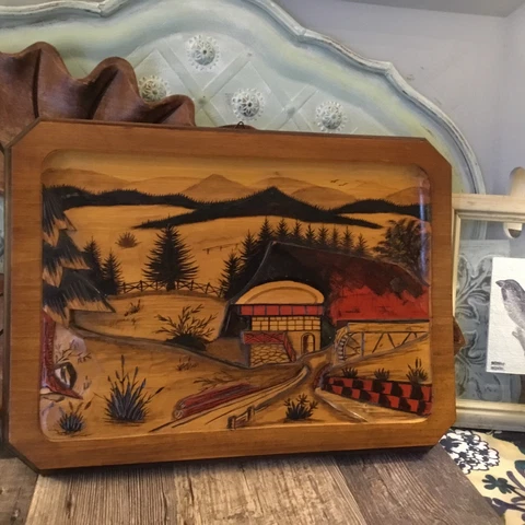 Hand Carved Mountain Watermill House Scene Wall Plaque 3D Effect Cabin Rustic Cover