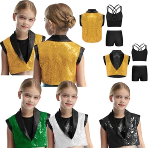 Girls Sets Performance Outfit Sequins Suits Sleeveless Crop Top Vest Shorts - Picture 1 of 71