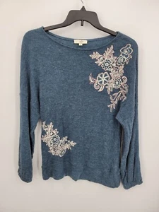 Entro Top Damen klein blau Blumen bestickt U-Boot Ausschnitt Boho Pullover - Bild 1 von 10