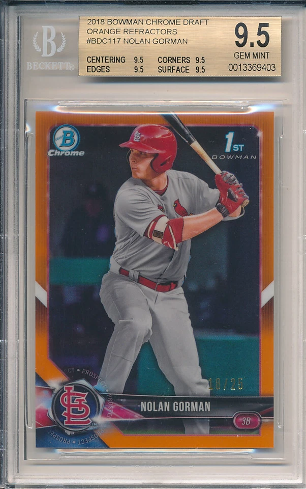 BGS 9.5 TRUE GEM MINT 2018 Bowman Chrome Draft Nolan Gorman Orange Refractor 25  - Image 1 of 2