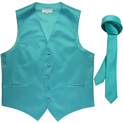 New Men's Formal Tuxedo Vest Waistcoat_1.5" skinny Necktie aqua blue wedding - Image 1 of 4