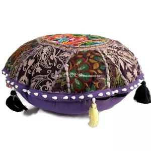 Purple Round Floor Cushion Patchwork Vintage Floor Pillows Small 18 in Chairpad - Picture 1 of 7