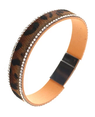 Animal Print Fur Magnetic Band Bracelet Black, Brown, Clear Rhinestones  - Image 1 of 4
