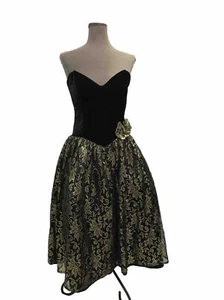 Vtg 80's Gunne Sax Strapless Velvet & Lace Black Gold Corset Prom Formal Dress - Picture 1 of 4