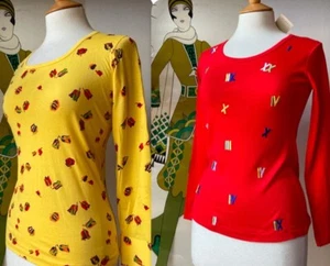 VINTAGE 70s SKINNY LONG SLEEVE T SHIRT X 2 Sz 8 NEVER WORN GLAM ROCK - Picture 1 of 15