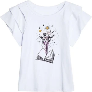 Girls Shirts Ruffle Sleeve Book Floral Print Crewneck Blouse Tops - Size 6 - 7 - Picture 1 of 4