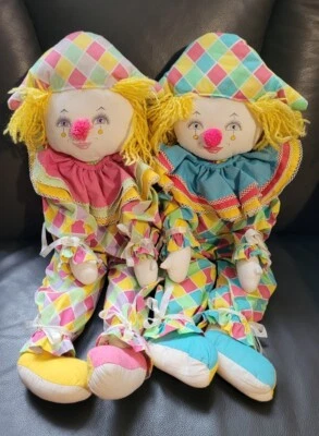 Vintage Poupée Arlequin en Tissu Couple Fille Garçon Clown Chiffon H.55cm  - Photo 1/4