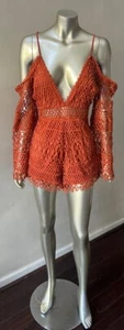 Crochet Eyelet Baring Shoulder Bell Sleeve Romper Shorts Jumpsuit Party Boho M - Picture 1 of 5