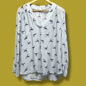 Women’s Hinge Gray Ostrich Print V-Neck Lightweight Top Sz M - Picture 1 of 6