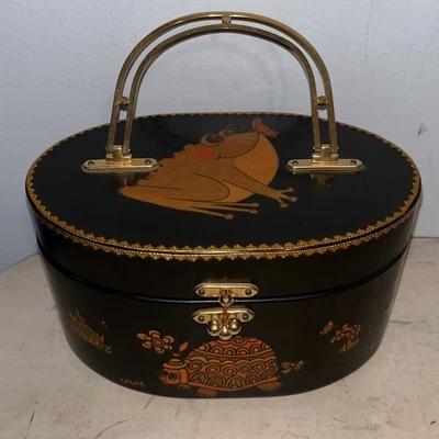 Vtg Lacquered Decoupage Black Wooden Box Purse 1970s Frog Mushroom Cottage - Image 1 of 4