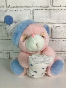 Vintage rosa Plüsch Bär Kissen Nachtmütze blaue Herzen 12 Zoll Chosun Korea - Bild 1 von 14