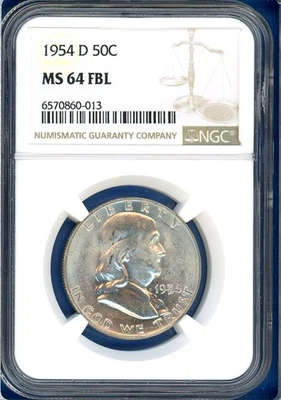 1954 D NGC MS64 FBL Franklin Silver Half Dollar 50c US Mint 1954-D MS-64 FBL - Image 1 of 3