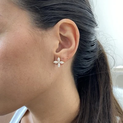 Diamond Stud Earrings Marquise E-F VS1 1.5 Carat Labcreated 14k Yellow Gold - Image 1 of 4