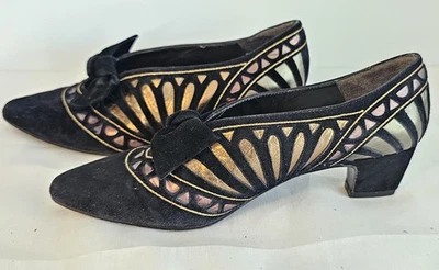 Zapatos de salón Margaret Jerrold de colección años 80 negro y metálico dorado y rosa cuero 6,5M España  Foto 1 de 4