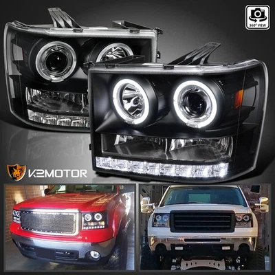 Black Fits 2007-2013 GMC Sierra 1500 2500HD 3500HD LED Halo Projector Headlights - Image 1 of 4