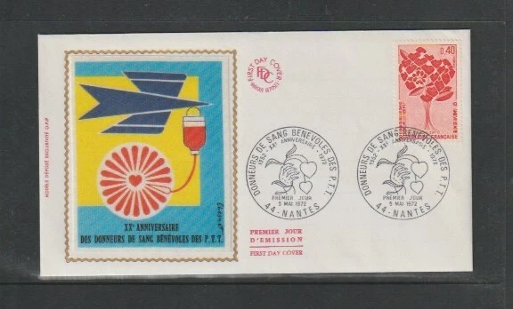 France 1972 SG1966 Silk FDC (Nantes)-"Tree of Hearts"-Postal Blood Donors Anniv - Image 1 of 1