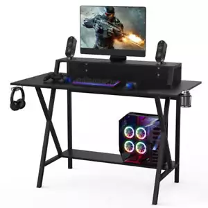 X- Shaped Ergonomic Gaming Computer Desk with Cup Holder and Monitor Riser - Picture 1 of 4